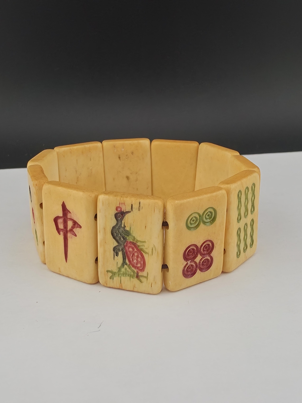 Vintage Cow Bone  Mahjong Tile Stretch Bracelet Green Red Yellow Ivory Tone